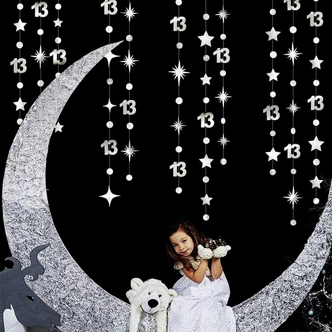 Silver 13th Birthday Decorations Number 13 Circle Dot Twinkle Star Garland Metallic Hanging Streamer Bunting Banner Backdrop Girls Boys 13 Years Old Birthday Thirteen Official Teenager Party Supplies
