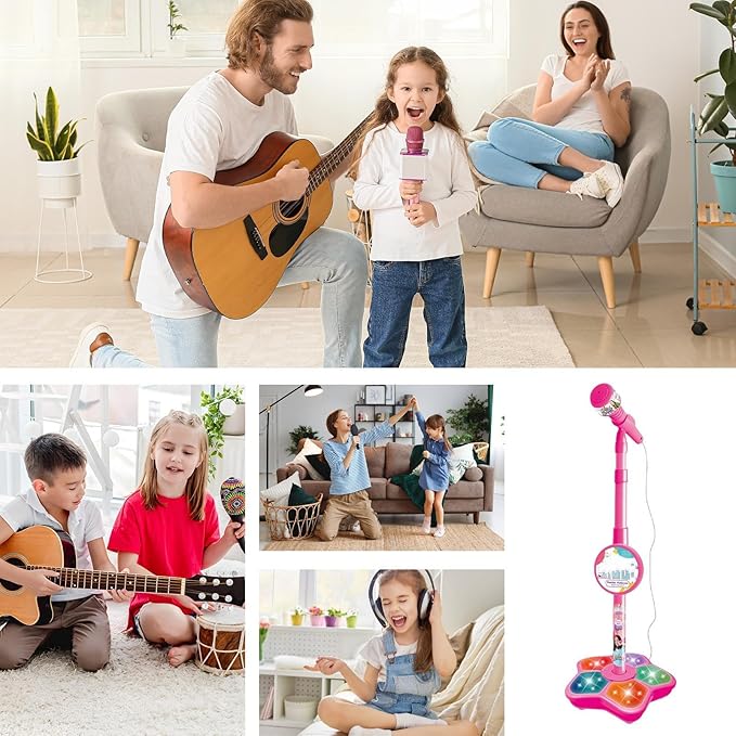 Kids Microphones Singing Portable – LED Lights, Microphone Stand Christmas Birthday, Podcast Recording Party Teen Streaming | Singing Portable LED Lights Toy,Toy Microphone with Stand for