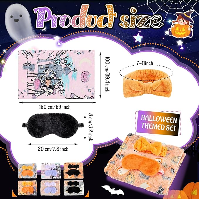 18 Pcs Sleepover Party Supplies, 6 Glow in The Dark Unicorn Blanket 6 Coral Fleece Headband 6 Plush Eye Mask Covers for Sleeping Slumber Sleepover Spa Party Gift (Ghost)