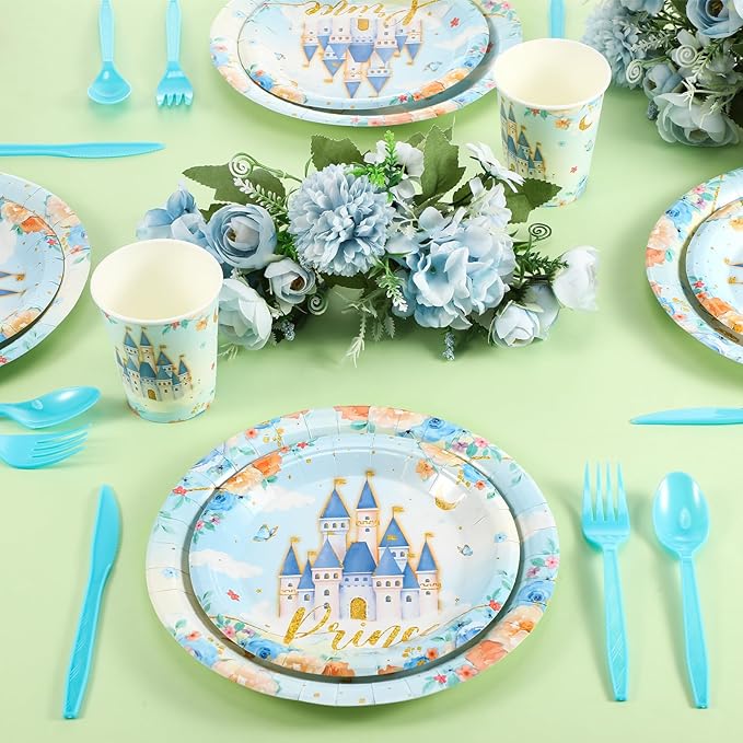 Meanplan 168 Pcs Prince Princess Party Decorations Blue Castle Plates Napkins Cups Fork Spoon Knives Disposable Tableware Set for Girl Boy Baby Shower Birthday Party Supplies Serves 24 Guest