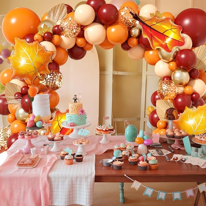 Orange Balloon Arch Kit, Thanksgiving Fall Balloons Garland with Leaf Foil Ballon Burgundy Burnt Orange Baloon for Autumn Birthday Hello Fall Shower Party Decorations