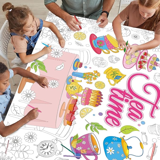 Tea Party Coloring Poster for Kids Spring Giant Coloring Poster Large Flower Tea Time Tablecloth Jumbo Books for Classroom Home Birthday Party Supplies Favor