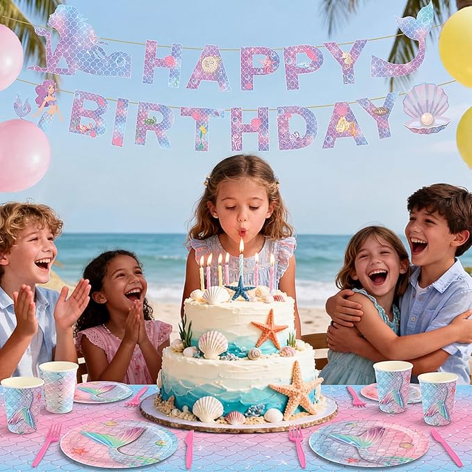 122 Pcs Mermaid Birthday Decorations Under the Sea Party Supplies Include Mermaid Banner Seashell Plates Napkins Tablecloth Cups Forks Pink Blue Ocean Theme Dinnerware Set, Serves 24