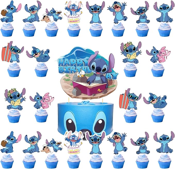 25Pcs Sti-tch Party Decorations, Sti-tch Birthday Party Cake Topper Cupcake Toppers Decoration for Sti-tch Theme Party Favors Supplies for Kids Baby Shower Decor