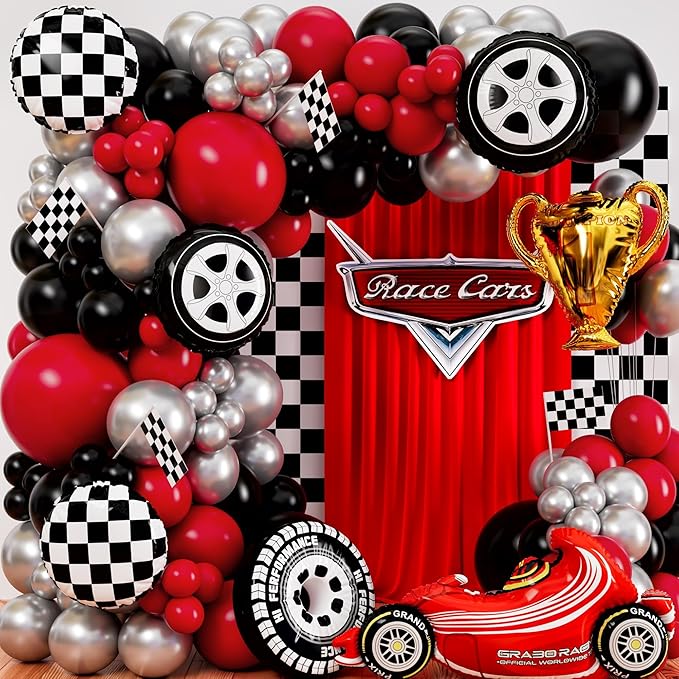 ALL-IN-1 Race Car Balloon Arch Kit with BONUS Trophy & Number 2 - Cars Balloon Garland Kit for Lightning McQueen Cars 2 Birthday Party Supplies & Hot Wheels Balloons RaceCars Decorations