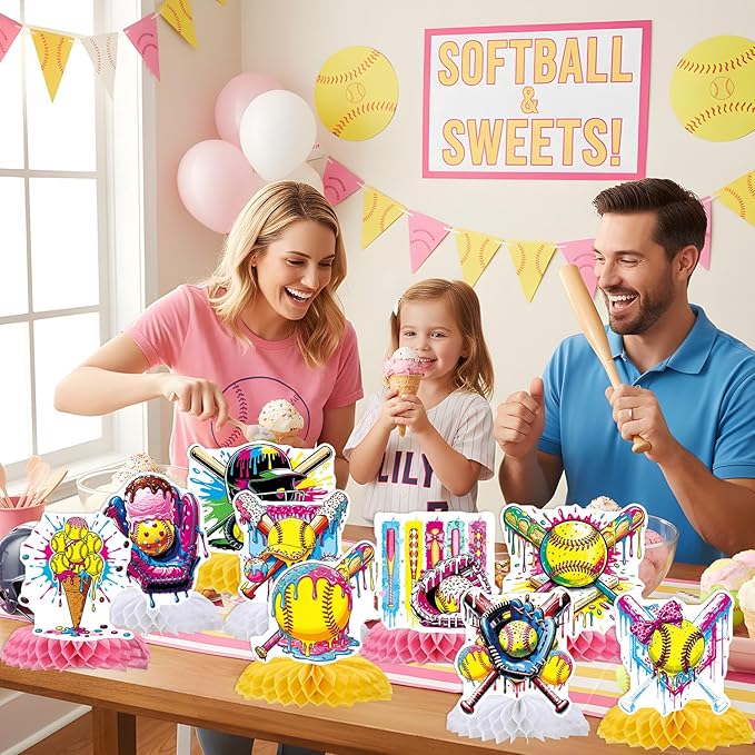 Softball Ice-Cream Party Decorations - 9 PCS Softball Party Honeycomb Centerpieces Decorations for Girls, Sports Ice Cream Birthday Baby Shower Table Decor Supplies