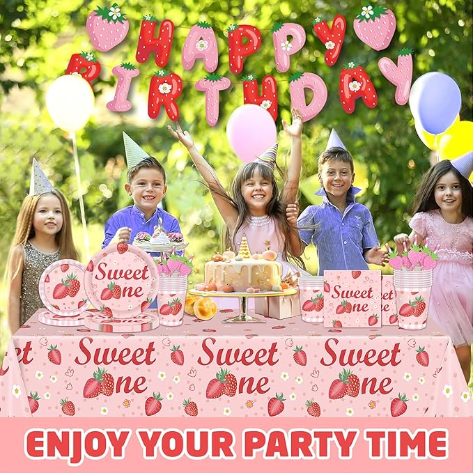 146Pcs Strawberry Plates and Napkins strawberry Party Supplies Includes Plates, Napkin, Fork, Cup, Straw, Tablecloth, Banner for Baby Shower Birthday Party Decorations, Serves 24 (Strawberry)