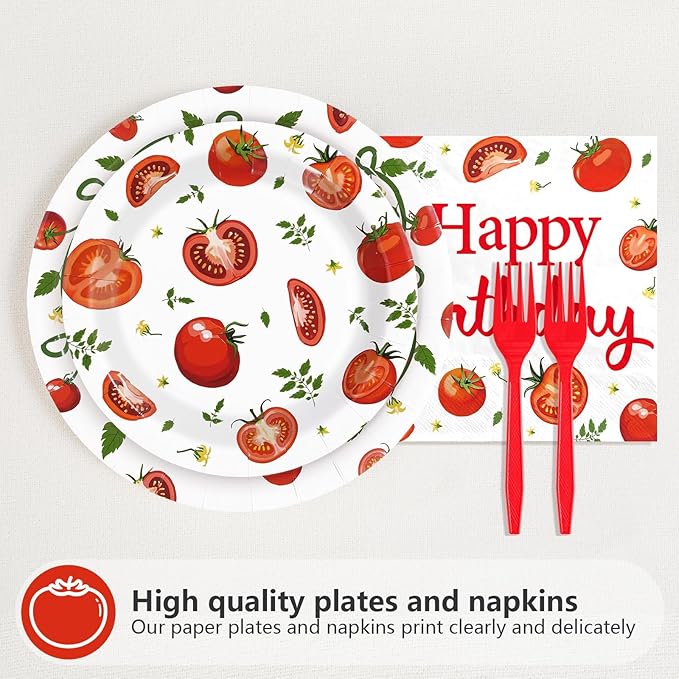 96Pcs Funny Tomato Birthday Party Decorations Red and Green Fresh Plates and Napkins Tomato Decor Tableware Favors for Baby Shower Boys Girls Happy Birthday Party Supplies Serves 24
