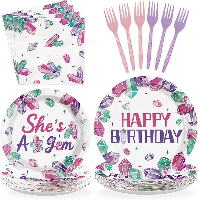 96Pcs Pink & Purple Gem Stone Birthday Party Supplies She's a Gem Plates and Napkins Disposable Pink Purple Jewel Crystal Diamond Tableware Set for Girls Happy Birthday Party Decorations Serves 24