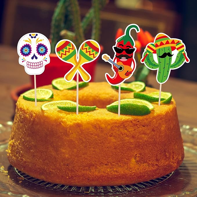 24 PCS Cinco De Mayo Decorations, 12 Style Fiesta Cake Toppers, Cocktail Guitar Chili Design Cinco De Mayo Cupcake Toppers Mexican Toothpicks, Taco Party Decorations Mexican Decor for Fiesta Party