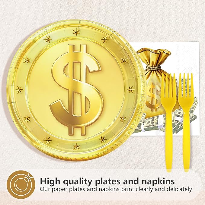 96 Pcs Money Party Decorations Hundred Dollar Bills Paper Plates and Napkins One Hundred Dollar Money Theme Tableware Sets for Birthday Casino Wedding Bachelorette Anniversary Party Supplies Serves 24
