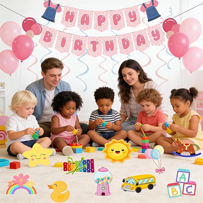 Cute Birthday Party Decorations with Cartoon Hanging Swirls for Kindergarten School 1st 2nd Girl Boy Birthday Party Decor Supplies