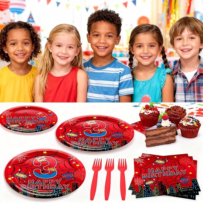 Red Spider 3rd Birthday Party Supplies, Spider Web Birthday Plates Set Include Paper Plates, Napkins, Forks for Spider Themed Party Favors