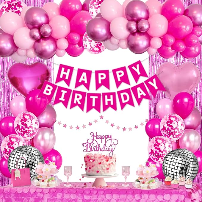Pink Birthday Party Decorations for Women Girls with Happy Birthday Banner Paper Pompoms Fringe Backdrop Star garland Hot Pink Balloons Princess Décor
