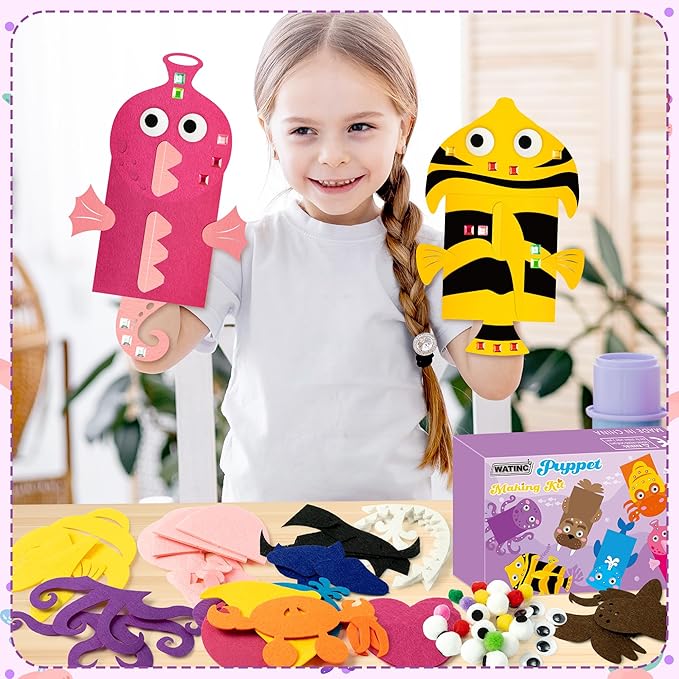 WATINC 6Pcs Hand Puppet Making Kit, Art Craft Felt Sock Puppet Toys, Creative DIY Make Your Own Pompoms Wiggle Googly Eyes Storytelling Role Play Party Supplies Gift for Girls Boys (Ocean Animals B)