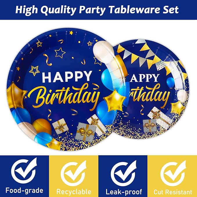 gisgfim 96 Pcs Blue and Gold Birthday Plates and Napkins Party Supplies Navy Blue Party Tableware Set Happy Birthday Decorations Favors for Men Women for 24 Guests