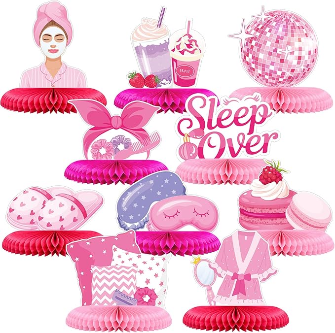 Censen 10 Pcs Sleepover Party Decorations, Pink Slumber Honeycomb Centerpieces, Spa Birthday Party Supplies Makeup Pajama Theme Table Decor