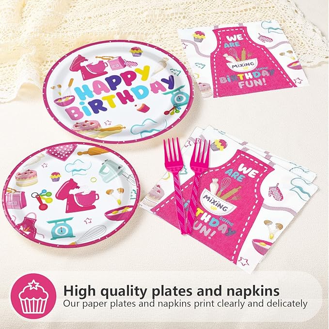 96Pcs Baking Birthday Party Supplies Pink Baking Plates and Napkins Pink Bakery Macaron Tableware Sets for Girls Kids Bakers Happy Birthday Baby Shower Party Decorations, Serves 24