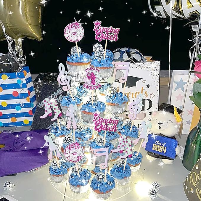 24 PCS Dancing Queen Cupcake Toppers Glitter Music Note Singer Dancer Cupcake Picks Vintage 70s Disco Dancing Cake Decorations for Disco Ball Music Theme Wedding Birthday Party Supplies Rose Red