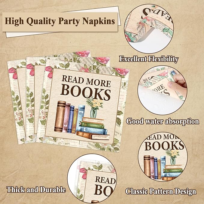 96Pcs Reading Theme Party Supplies Read More Books Paper Plates and Napkins Book Themed Birthday Decorations Vintage Reading Disposable Tableware Set for Birthday Picnic BBQ Baby Shower Serves 24