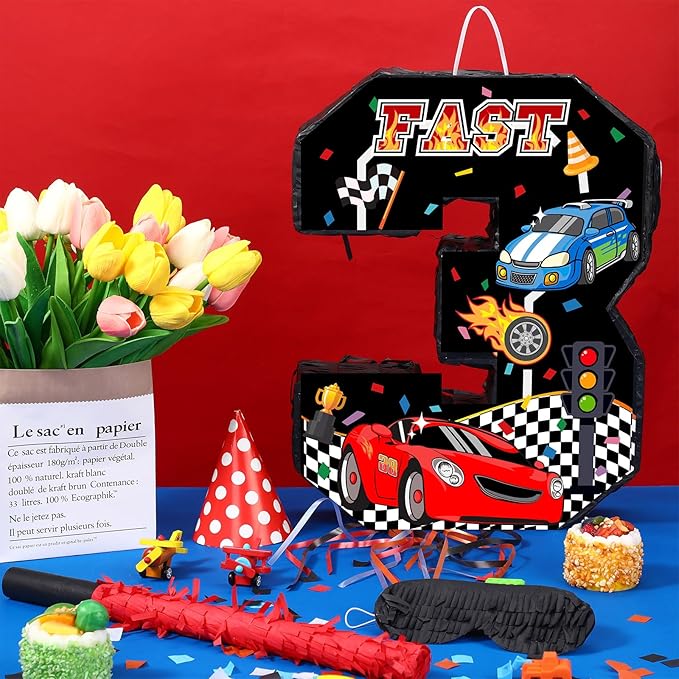 Race Car Piñata Pull String Cars Piñatas for Birthday Party Decorations Number 2 3 4 5 6 with Blindfold Stick Small Red Black Racing Theme 2nd 3rd 4th 5th 6th Party Supplies(Number 3)