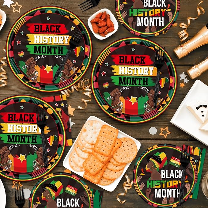 Black History Month Decorations - 96PCS Black History Plates and Napkins Party Supplies African American Black History Decor Freedom Day BHM Disposable Tableware Set Serve 24 Guests