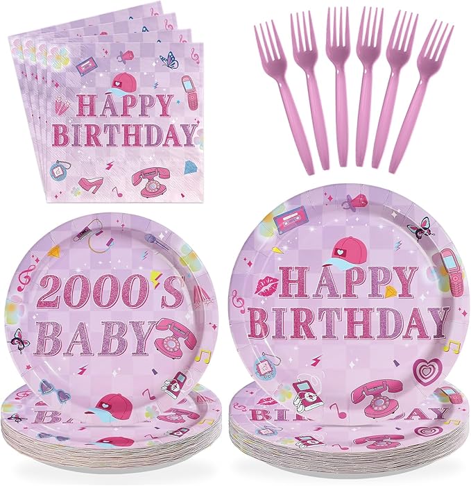 96 Pcs Y2k 2000s Birthday Party Supplies Pink Retro Fashion Plates and Napkins Disposable Early 2000s Theme Tableware Set for Girls Women Teen Birthday Party Decorations Serves 24