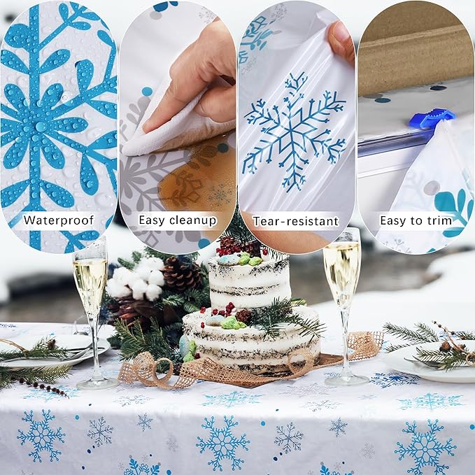 Kochorie 100 Ft x 54 Inch Christmas Snowflake Printed Tablecloth Roll with Cutter Box Disposable Blue and White Winter Snowflake Backdrop Cut to Size Table Cover for Frozen Birthday Party Supplies