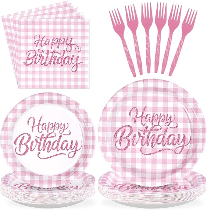 96Pcs Pink Gingham Birthday Decorations Pink and White Checkered Plates and Napkins Plaid Birthday Decoration Favors for Girl Women Christmas Bday Baby Shower Holiday Picnic Party Supplies Serves 24
