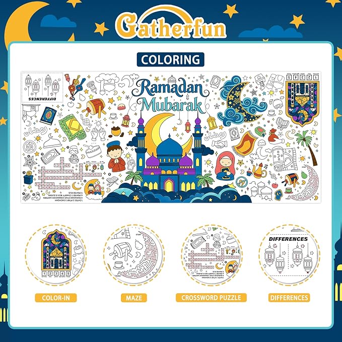 Gatherfun Ramadan Activity Poster & Home Decor - 31.5 x 72 Coloring Banner/Table Cover for Eid Mubarak Decoration, for School Parties & Ramadan Decoration