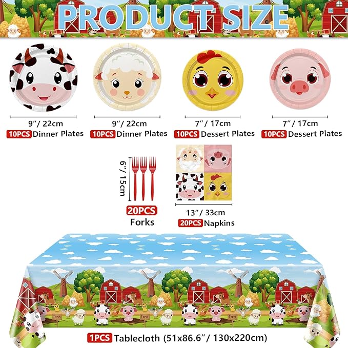 Farm Birthday Party Plates Set for 20 Guests, Including Animals Tablecloth, Napkins, Forks and Plates for Baby Shower Farm Birthday Decorations