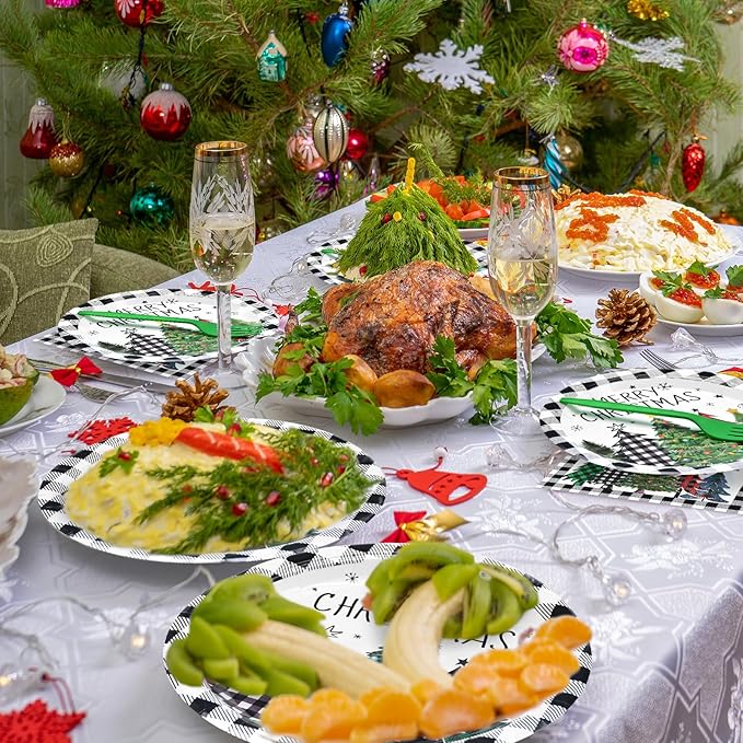 96 Pieces Christmas Tree Tableware Party Supplies – Black and White Buffalo Plaid Disposable Dinnerware with Paper Plates, Napkins, and Plastic Forks for Rustic Winter Celebration – Serves 24