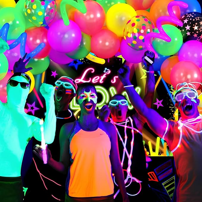 161Pcs Neon Party Decorations Glow in the Dark Birthday Supplies Neon Balloon Arch Kit & Backdrop Tablecloth UV Blacklight Luminous Glow Balloons Kids Teen Adult Rainbow 80s 90s Disco Party Decor