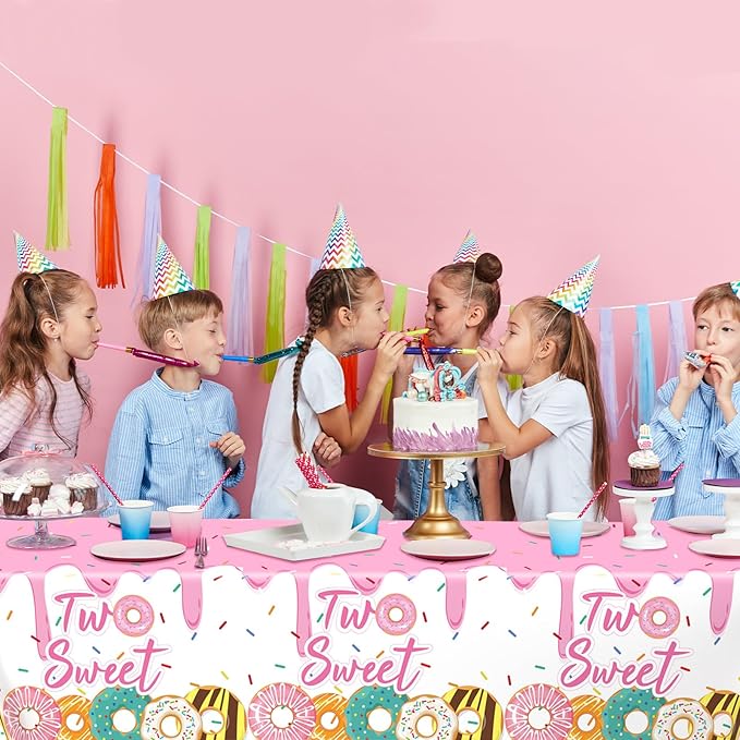 ZOIIWA 3 Pack Two Sweet Donut Birthday Party Tablecloths Decorations Girls Donut Themed Plastic Table Covers for Baby Girl 2nd Birthday Supplies Pink Party Favors Table Decor 54 x 108 Inch
