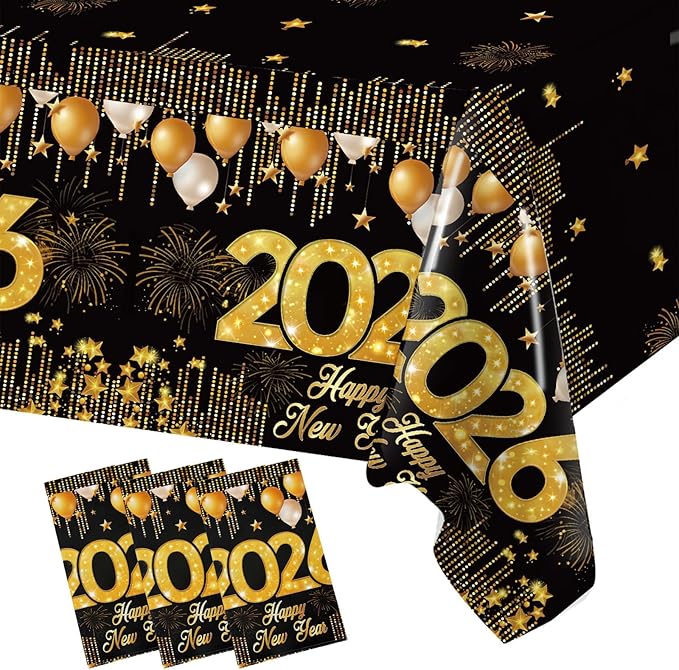 Staraise 3PCS New Years Tablecloths, Black and Gold Plastic Tablecloth Happy New Year Table Decorations Disposable Rectangular PE Table Cover for New Year's Eve Party Supplies 2026, 51.2X 86.6inch
