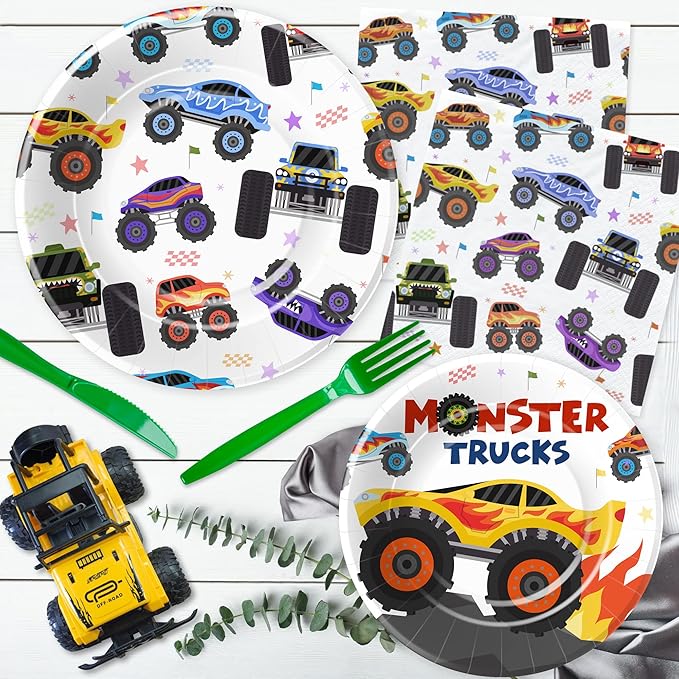 APOWBLS Monster Truck Birthday Party Supplies, Monster Theme Jam Party Decorations Tableware, Plate, Napkin, Tablecloth, Fork, Monster Truck Birthday Plate And Napkin Decorations Dinnerware | Serve 24