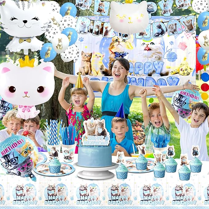 141Pcs Cat Birthday Decorations, Cat Birthday Party Supplies, Cat Birthday Party Decorations Include Plates Cups Napkins Tablecloth Balloons Cake Toppers for Kids Party