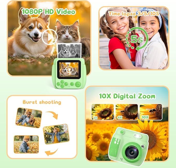 Kids Camera Instant Print, Birthday Gifts for Girls Boys with 3 Rolls Print Paper & 32GB Card, 48MP Toddler Digital Camera 1080P HD Video Toys Cameras for Kids 3-12, Green