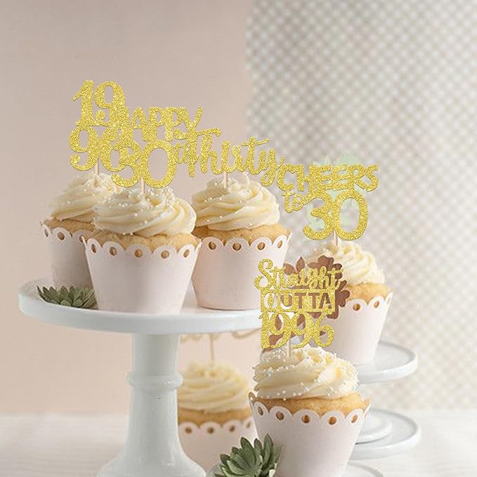 30PCS Straight Outta 1996 Cupcake Toppers Gold Glitter Thirty Happy 30th Birthday Cupcake Picks Cheers to 30 Years Cake Decorations for 30th Birthday Anniversary Party Decoration Supplies