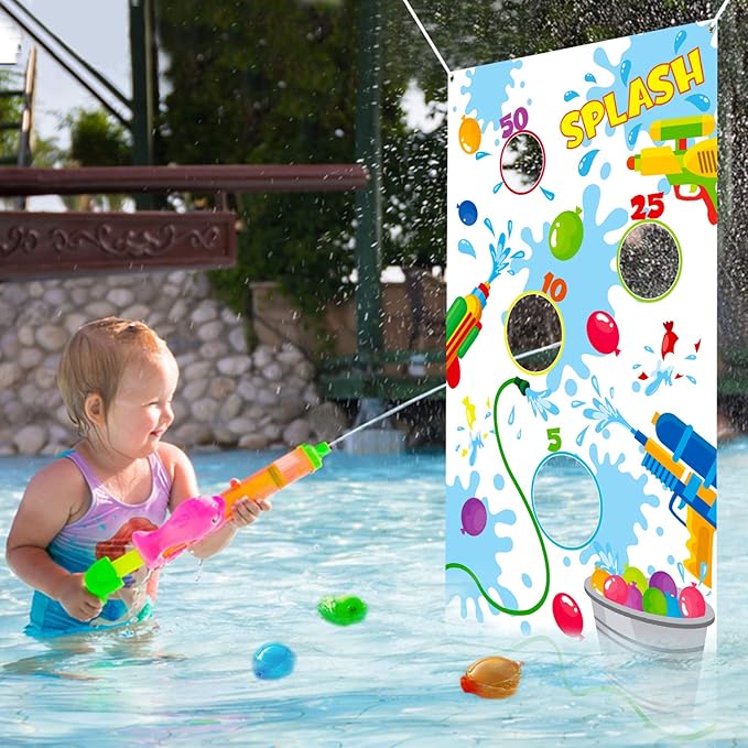 Toss Game Banner for Water Balloons, 4 Score Holes Shooter Target for Water Gun, Swimming Pool Fun Addition Toy for Throwing Water Bomb, Summer Splash Fun for Adults, Pool Party Supplies