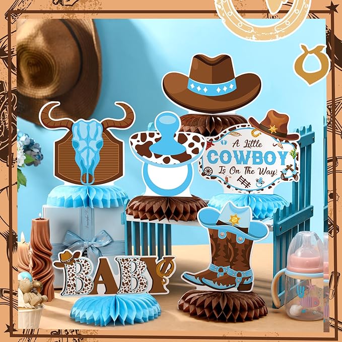 12 Pcs Cowboy Baby Shower Decorations a Little Cowboy Is on the Way Honeycomb Centerpieces Western Baby Shower Decorations Western Table Topper Table Decoration for Birthday Party Favors