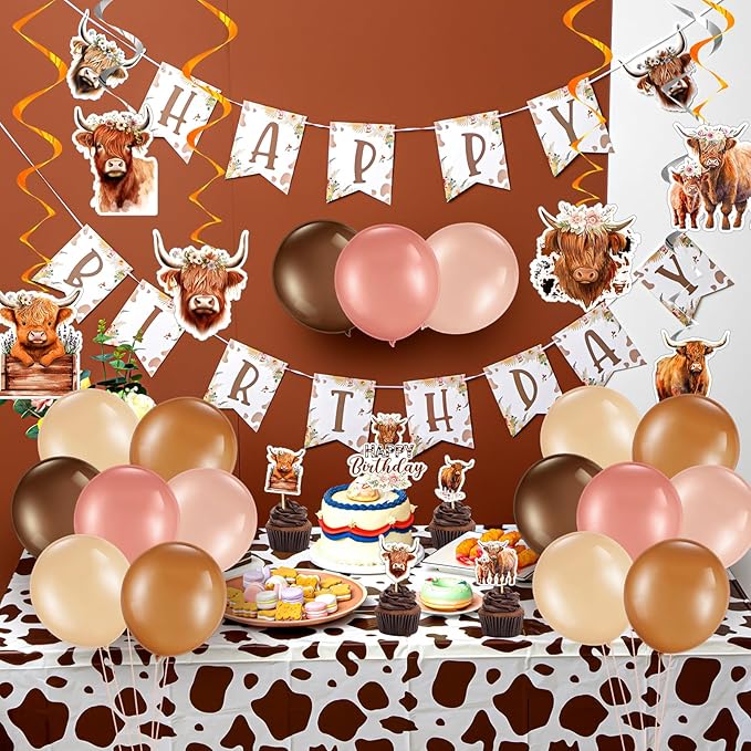 Highland Cow Birthday Party Decorations Cute Boho Cow Party Supplies with Retro Floral Birthday Banner Hanging Swirls Cattle Cake Toppers Balloons Tablecloth for Girls Boys