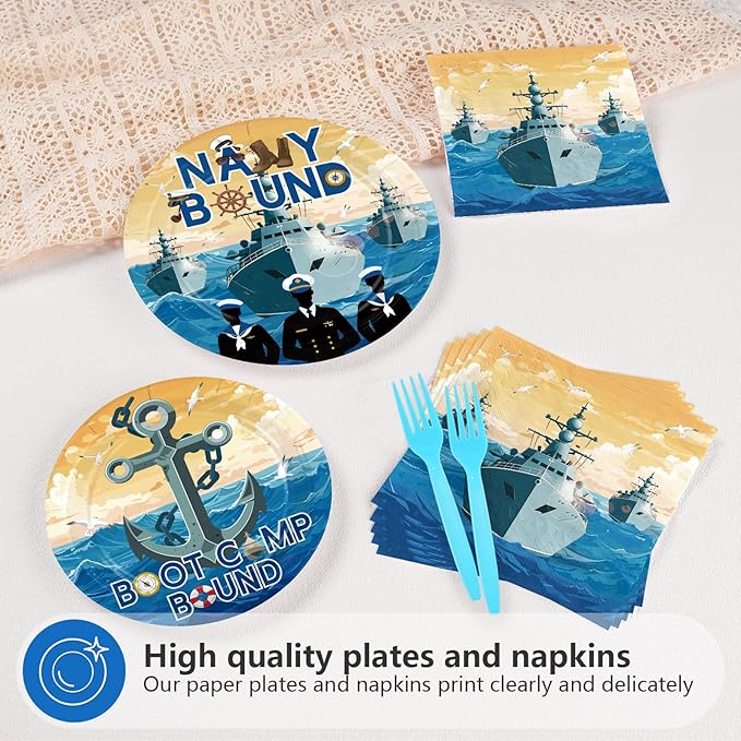 96Pcs Navy Party Supplies Navy Bound Theme Plates and Napkins Blue Military Tableware Set for Boys Men Nautical Baby Shower Anchor Birthday Party Decorations Serves 24