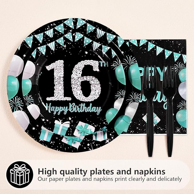 96Pcs 16th Birthday Party Supplies Teal Blue and Black Plates and Napkins Disposable Turquoise Sweet 16 Years Old Paper Tableware Set for Boys Girls 16th Birthday Party Decorations Serves 24