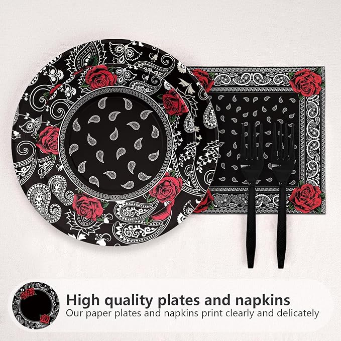 96PCS Black Bandana Western Party Decorations Cholo Gangsta Party Plates Disposable Black Bandana Tableware Set for Early 2000s Cholo Theme Western Birthday Party Supplies, Serves 24