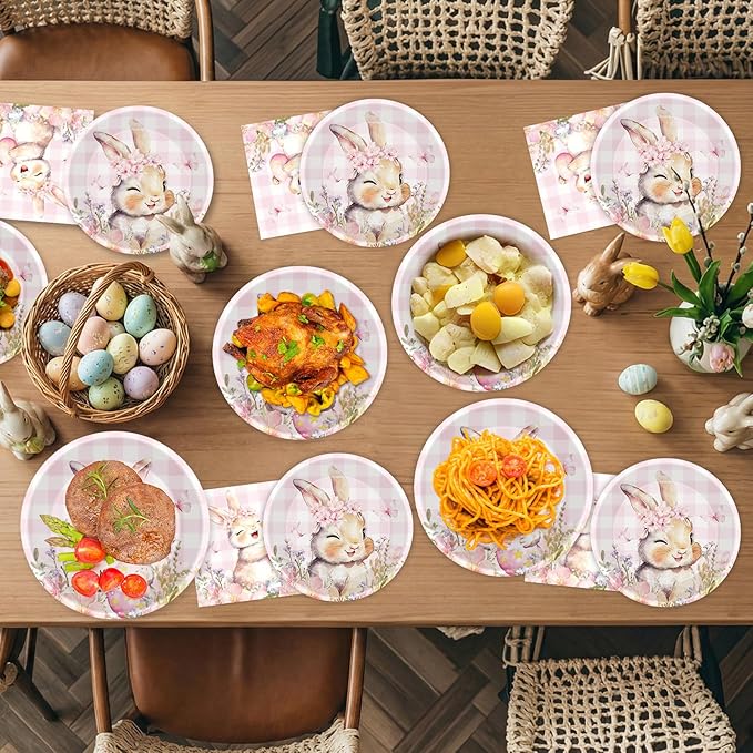 150 Pcs Easter Paper Plates and Napkins Sets Party Supplies - Disposable Cute Pink Plaid Easter Bunny Eggs Dinner Plate Napkin Paper Tableware for Spring Easter Table Decorations Party Supply,Serve 50