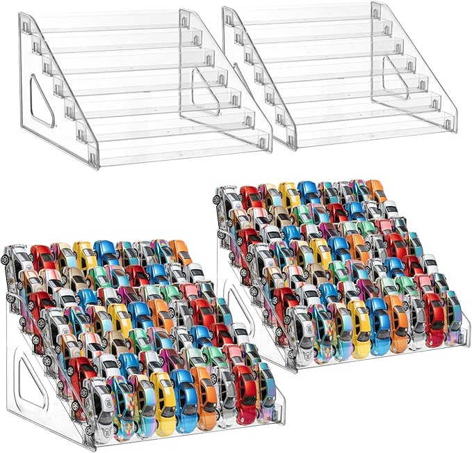 4 Pack 7-Tier Toy Cars Display Shelf for Hot Wheels Display Case Storage Organizer for 1/64 Scale Toy Cars-Hold 63 Toy Cars Clear Model Car Case Holder Container Shelf (Only case)