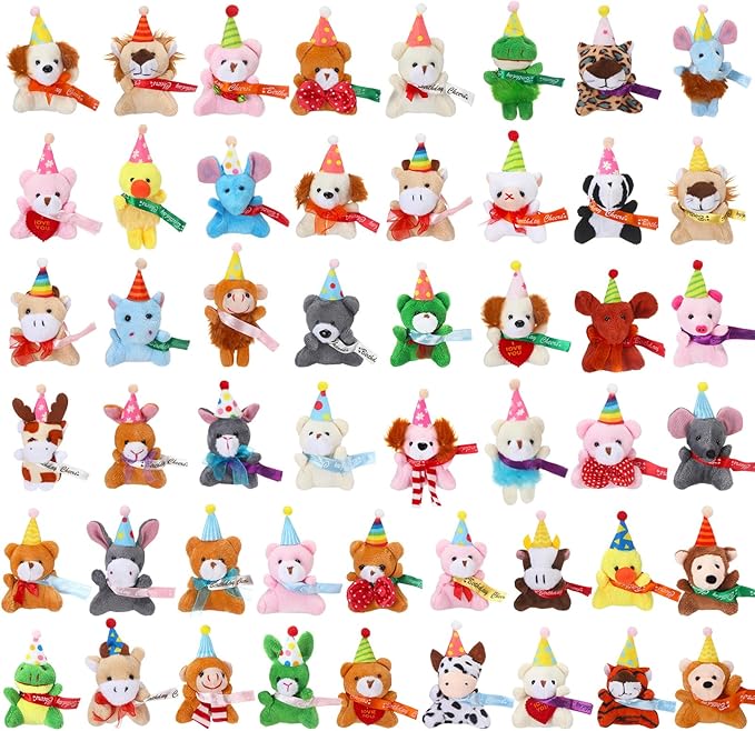 Skylety 50 Pcs Mini Stuffed Animals Bulk Cute Safari Jungle Small Plush Doll Toy Set Tiny Plush Keychain Decoration for Easter Party Favor Gift Carnival Classroom Prize(Birthday Animals,Classic Color)