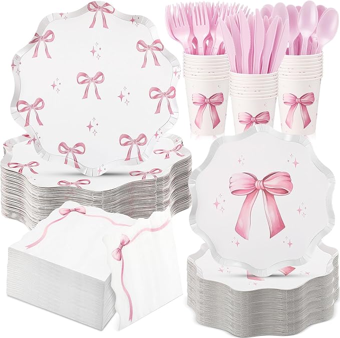 350 Pcs Bow Pink Party Supplies Tableware Set Disposable 9'' 7'' Paper Plates 9 oz Cups Cutlery Napkins Dinnerware Set for 1st Birthday, Serve 50 (Bow, Pink)