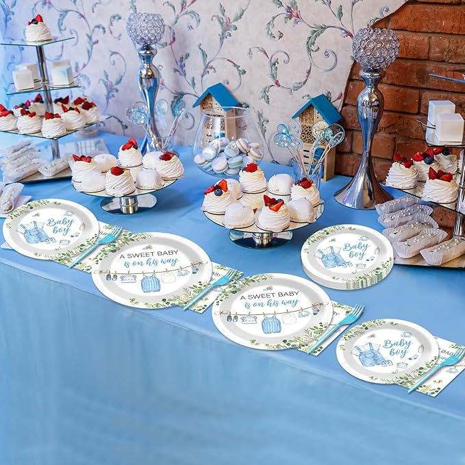 96Pcs Greenery Baby Shower Plates and Napkins Decoration Watercolor Blue Baby Boy Party Tableware Dinnerware Set A Sweet Boy Is On His Way Paper Plates for Gender Reveal Party Supplies Serve 24 Guests